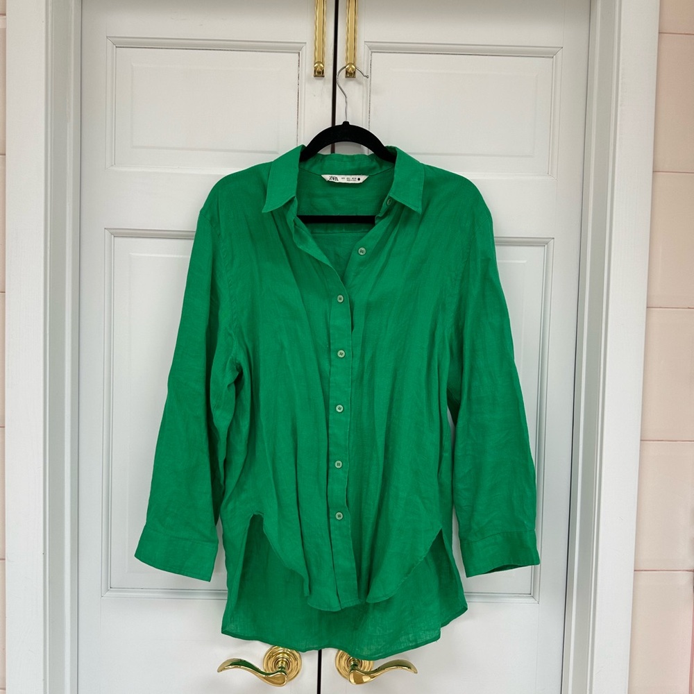 Zara Green Linen Button-Up Women's Top
